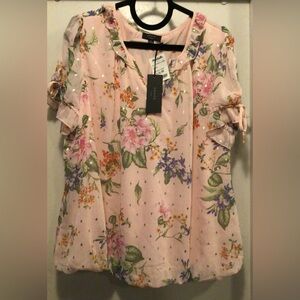 HAVER Blouse - 1X - Ruffled Split V-Neck, Short Sivs w/Ruffle & Tie,Bubble Hem